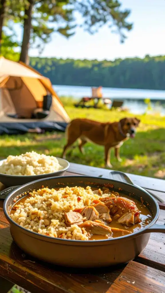 Turkey and rice casserole on a table with a dog and camping scene in the background.