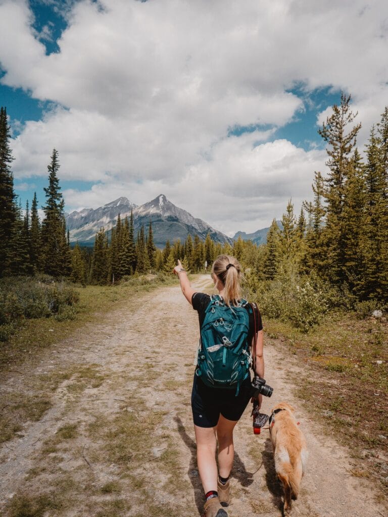 Woman and dog hiking on a dirt trail with a mountain view in the background.