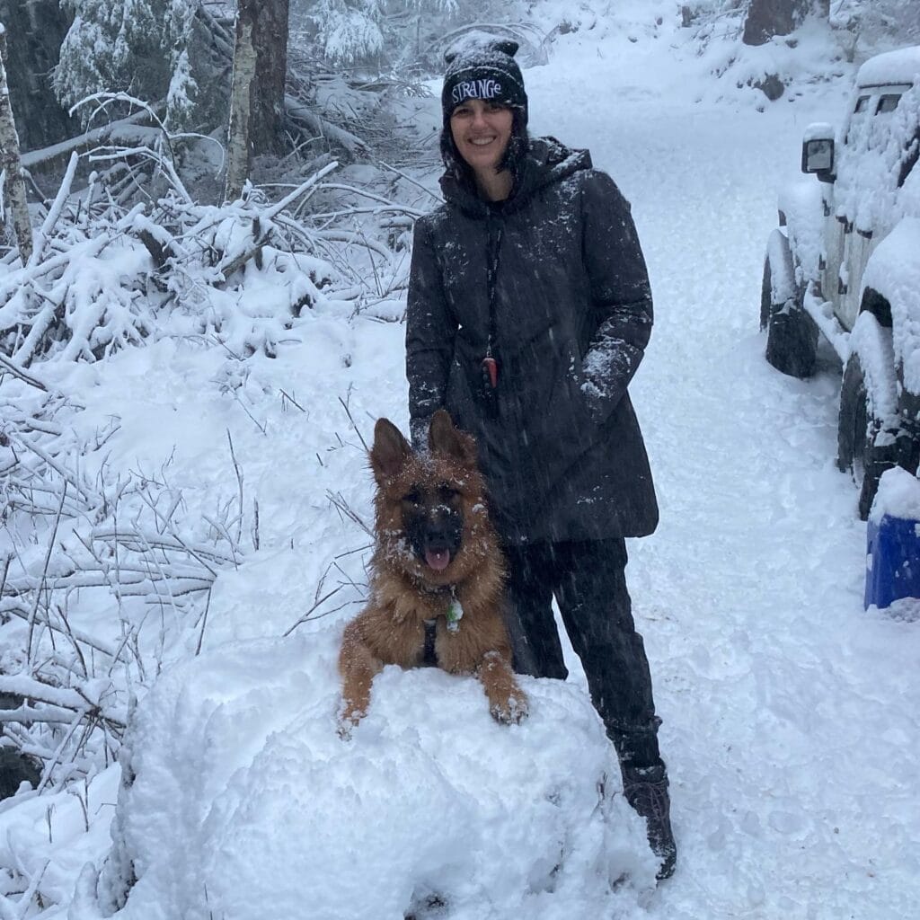 Woman and German Shepherd dog playing in the snow.