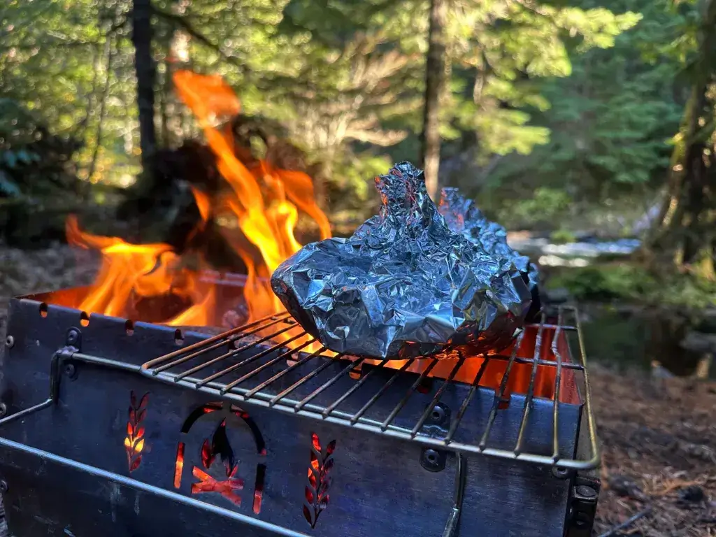 Tin foil meal pack cooking on a camp fire.