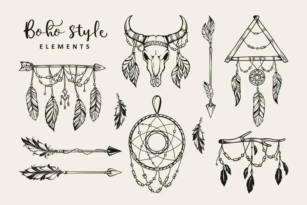 How to decorate a camping tent, hand drawn boho style elements for ideas and inspiration.
