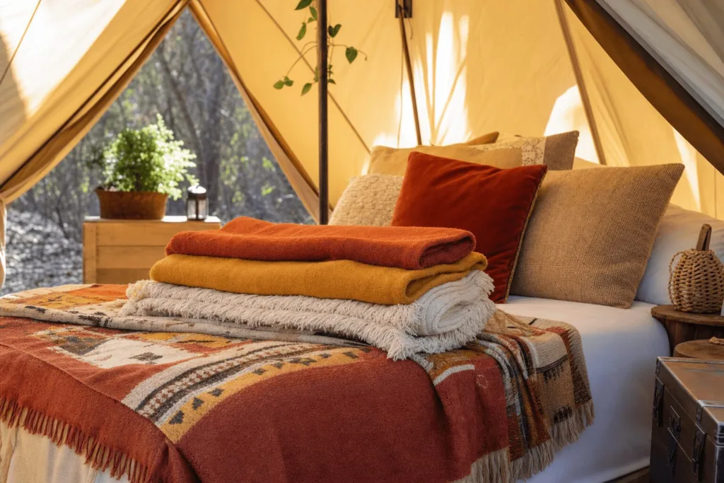 A camping tent sleeping area styled with layered colorful throw blankets, decorative cushions in earthy tones, and a fitted sheet over a sleeping pad.