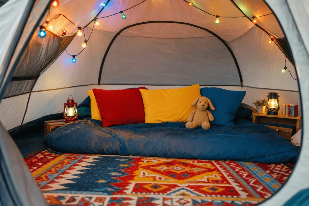 Multicolored string lights, bold patterned rug, red/yellow/blue pillowcases, and a stuffed animal on the sleeping bag