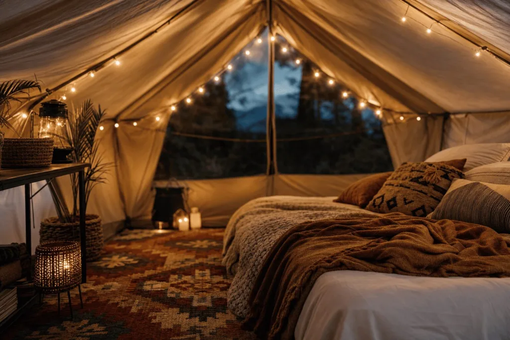 Warm golden LED string lights along the ceiling, a patterned kilim-style rug, layered chunky-knit blankets and pillows,