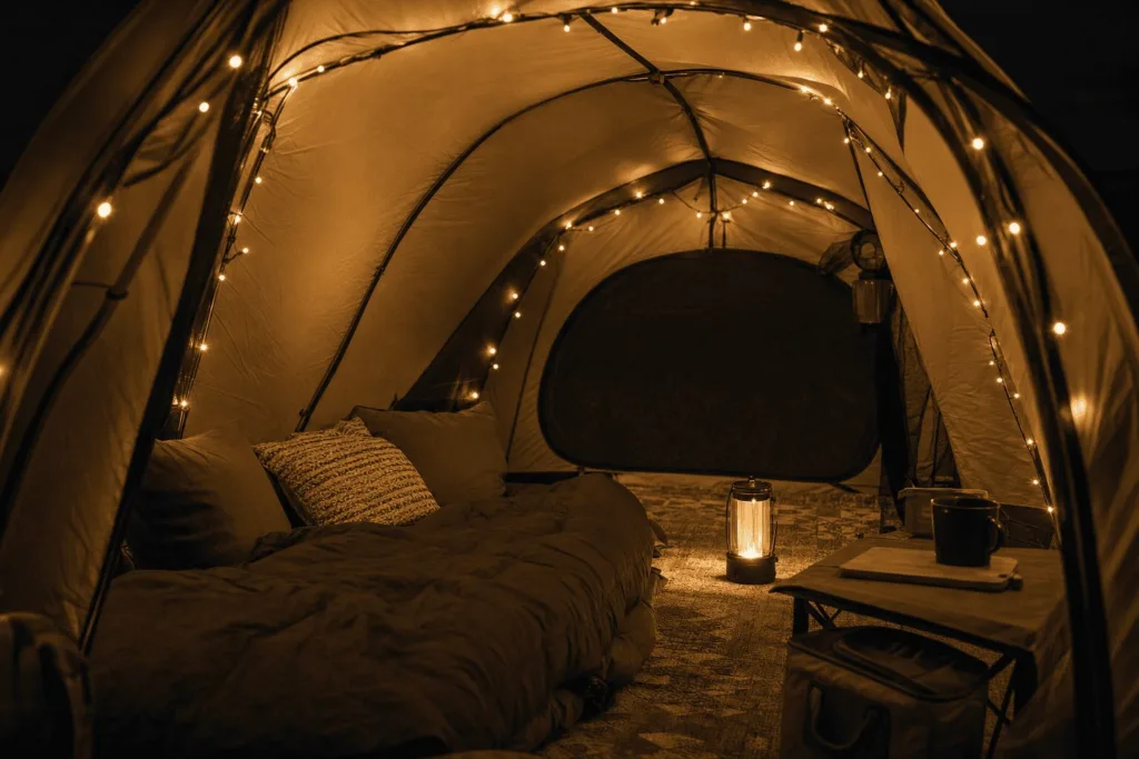 Inside a camping tent at night lit entirely by battery-powered warm white fairy lights looped around tent poles and a small glowing LED lantern on the floor.