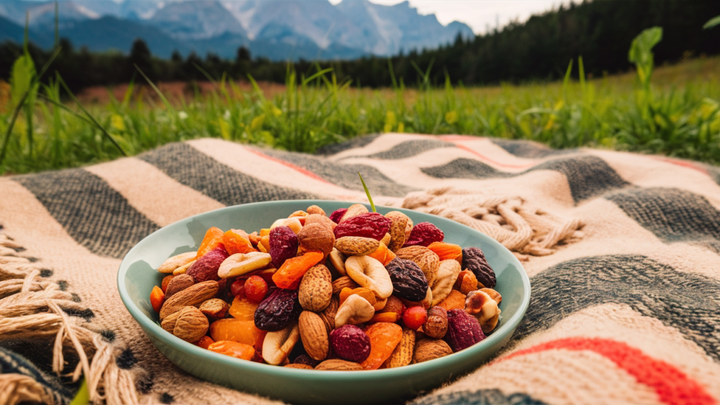 Trail mix in a bowl sitting on a blanket on the grass with mountains in the background.