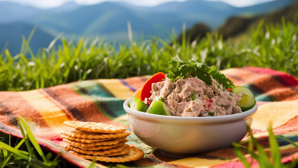 Bowl of tuna salad with a stack of crackers on the side sitting on a colorful picnic blanket with mountains in the background.