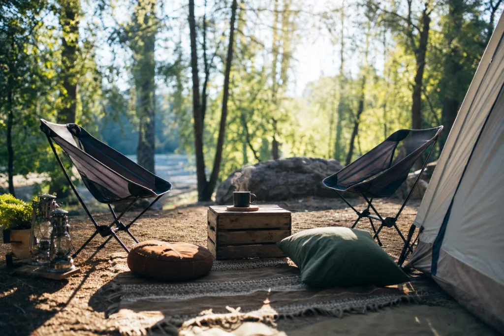 wo low camping chairs, a ground blanket with floor cushions, a wooden crate side table with coffee, dappled warm morning light through the trees
