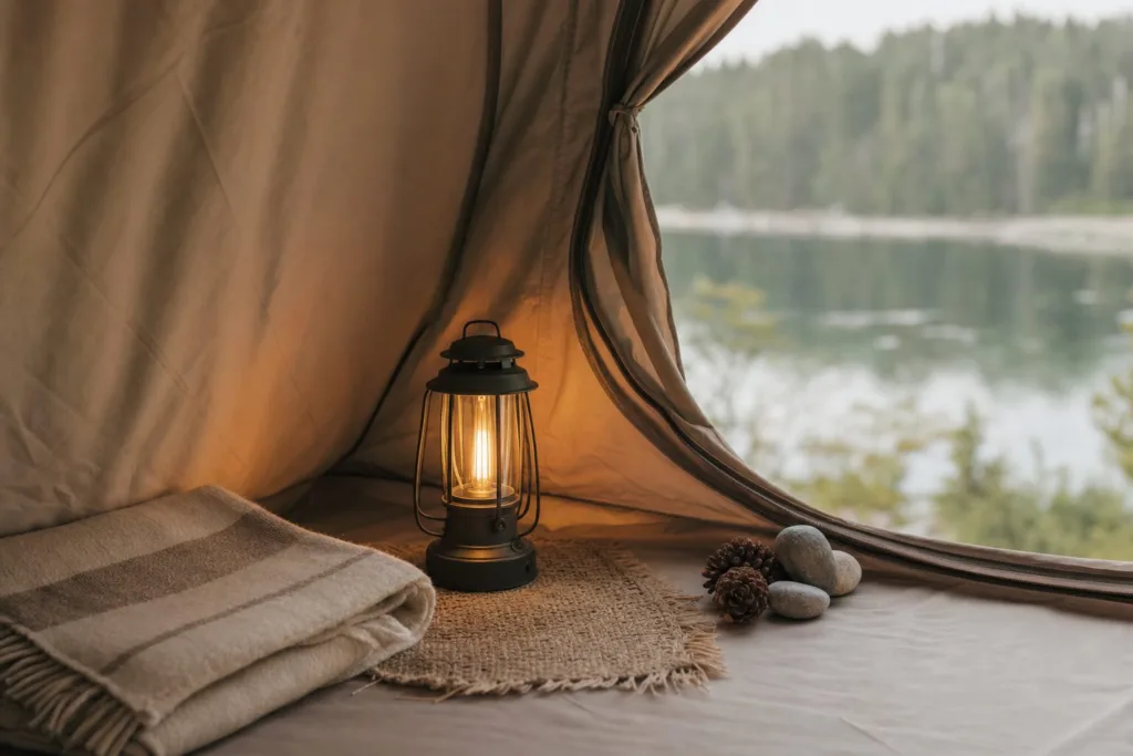 Tan/olive/cream palette, single folded cotton blanket, warm-glow lantern, small rug, and stones/pinecones as quiet natural decor near the door