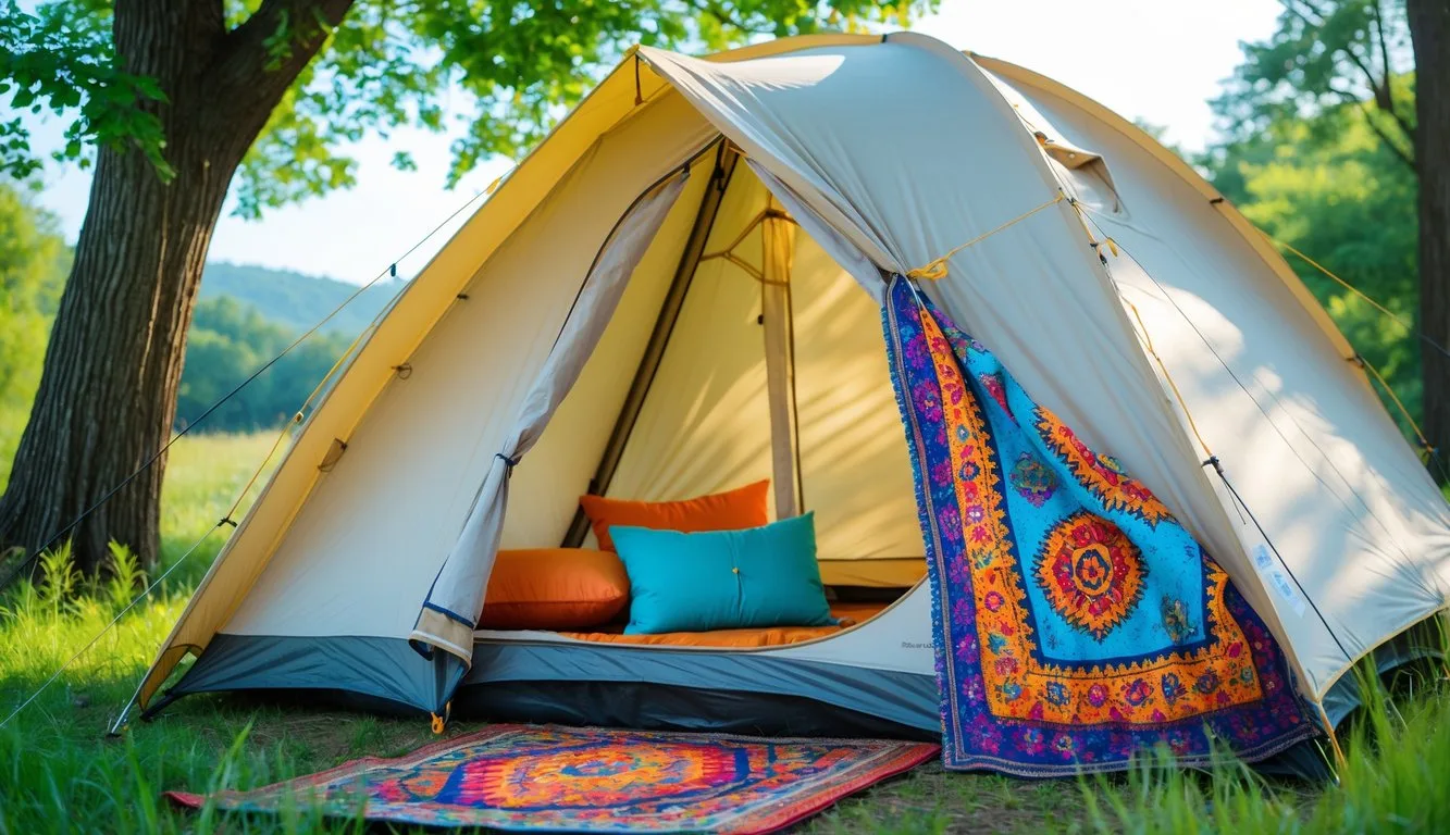 Glaming tent decorated with colorful pillows and tapestries.