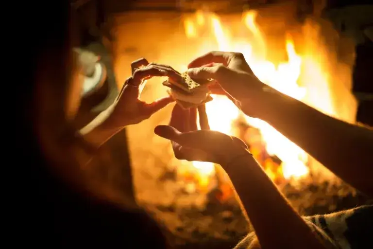 Cropped image of couple holding smores while sitting near to campfire at night