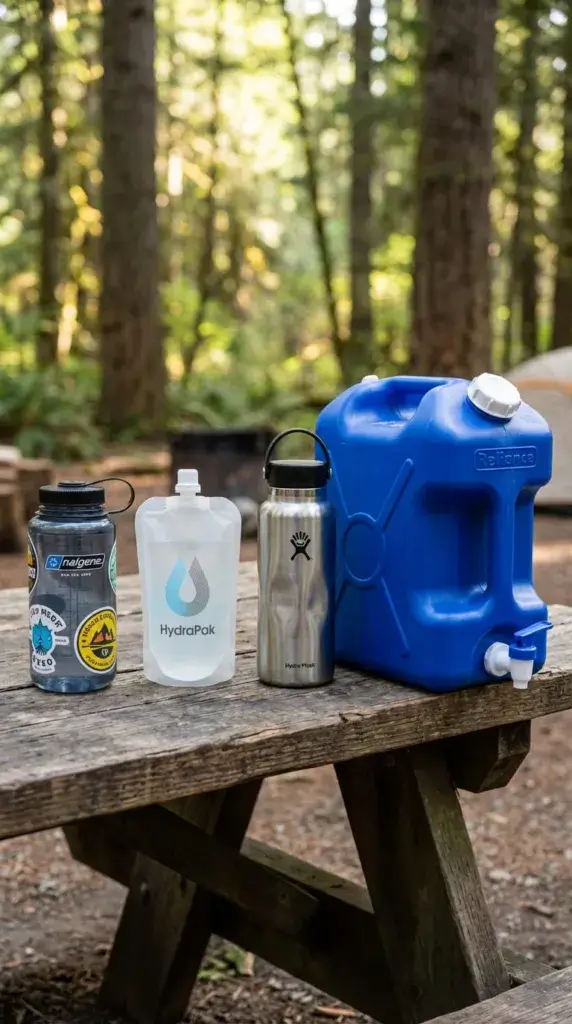 An outdoor camp kitchen setup showing multiple water containers — including a large jug, a stainless steel bottle, and a collapsible pouch — alongside cleaning tools like brushes, a bottle scrubber, and biodegradable soap. The background features a campfire and forest scenery under daylight.