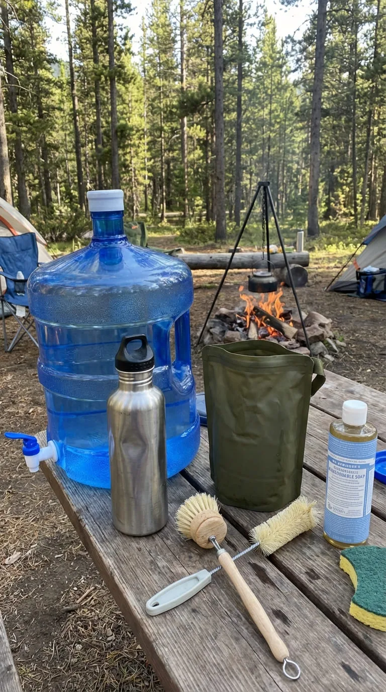 An outdoor camp kitchen setup showing multiple water containers — including a large jug, a stainless steel bottle, and a collapsible pouch — alongside cleaning tools like brushes, a bottle scrubber, and biodegradable soap. The background features a campfire and forest scenery under daylight.