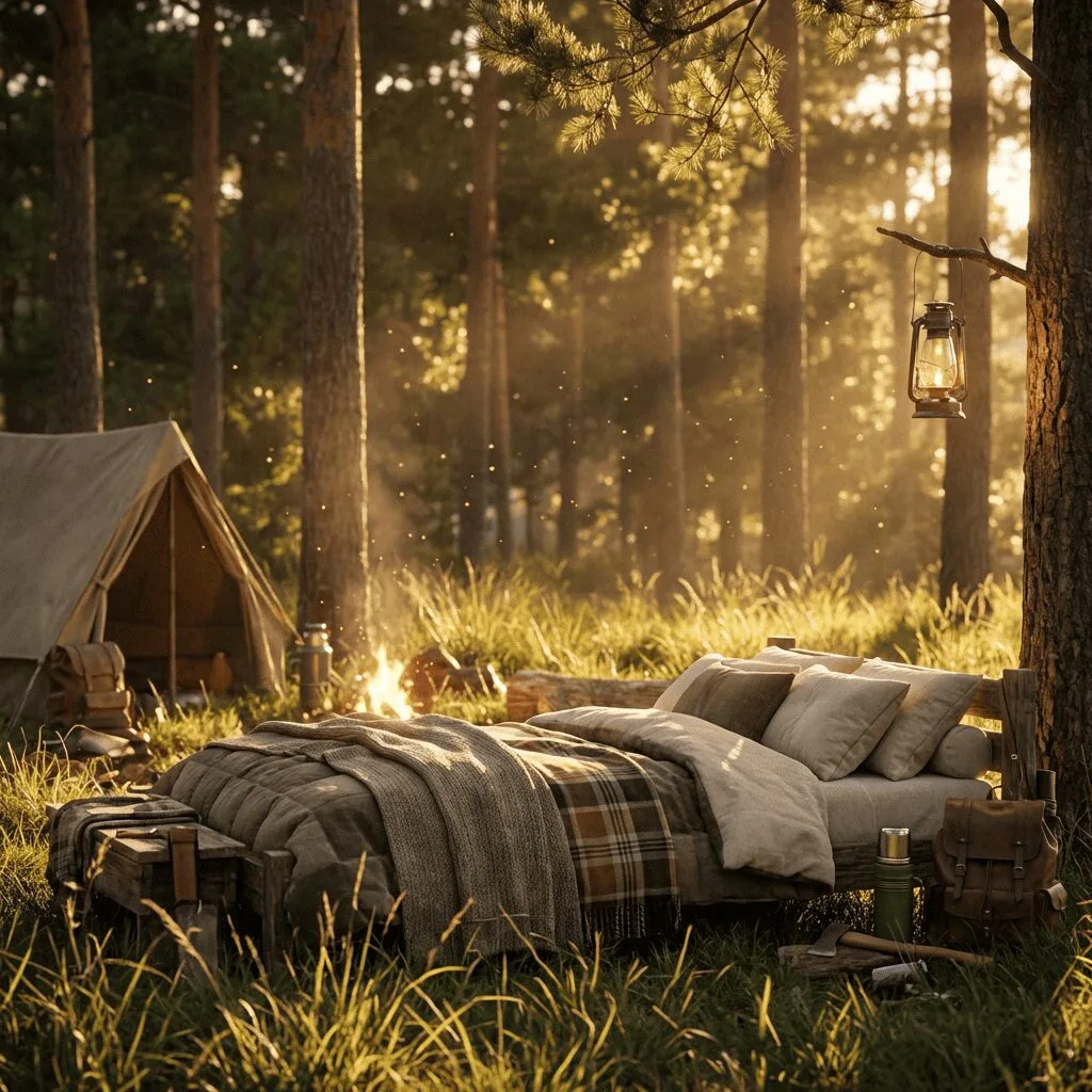 A cozy camping bed outdoors with blankets and pillows surrounded by trees and camping gear.