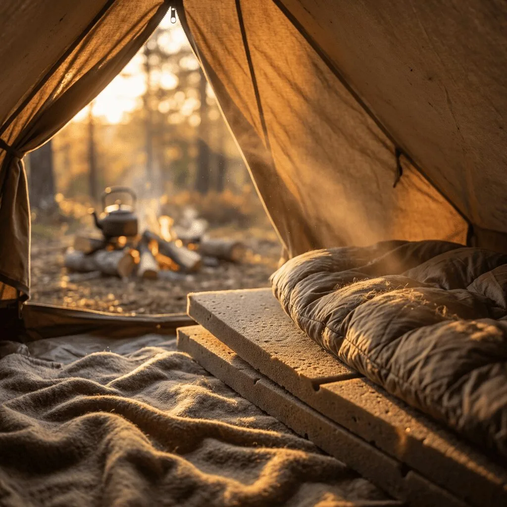 Foam pads in a campng tent making a comfortable bed.