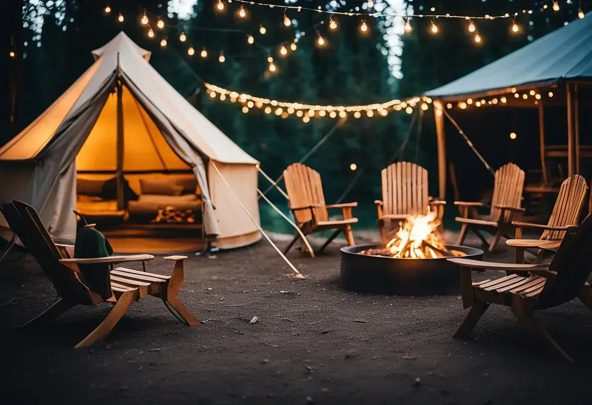 A cozy campfire surrounded by rustic tents contrasts with a luxurious glamping setup featuring a spacious yurt, elegant furnishings, and twinkling string lights
