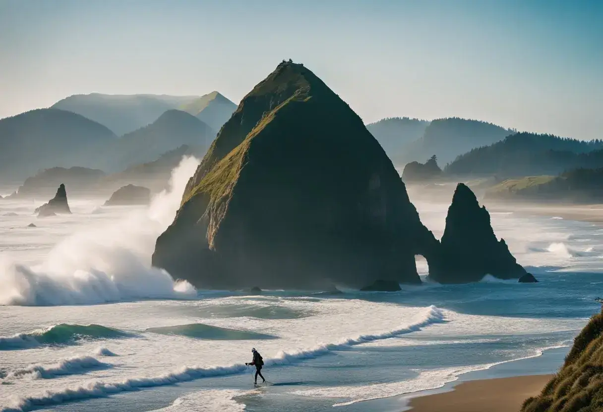 A hiker navigates through rugged terrain, surrounded by towering cliffs and crashing waves, on the iconic Cannon Beach hike