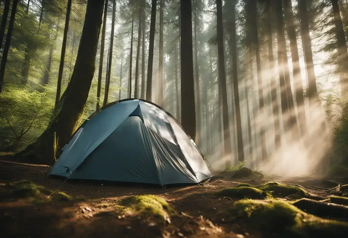 A tent pitched in a forest clearing, with a portable shower bag hanging from a tree, steam rising as hot water pours over a person's head