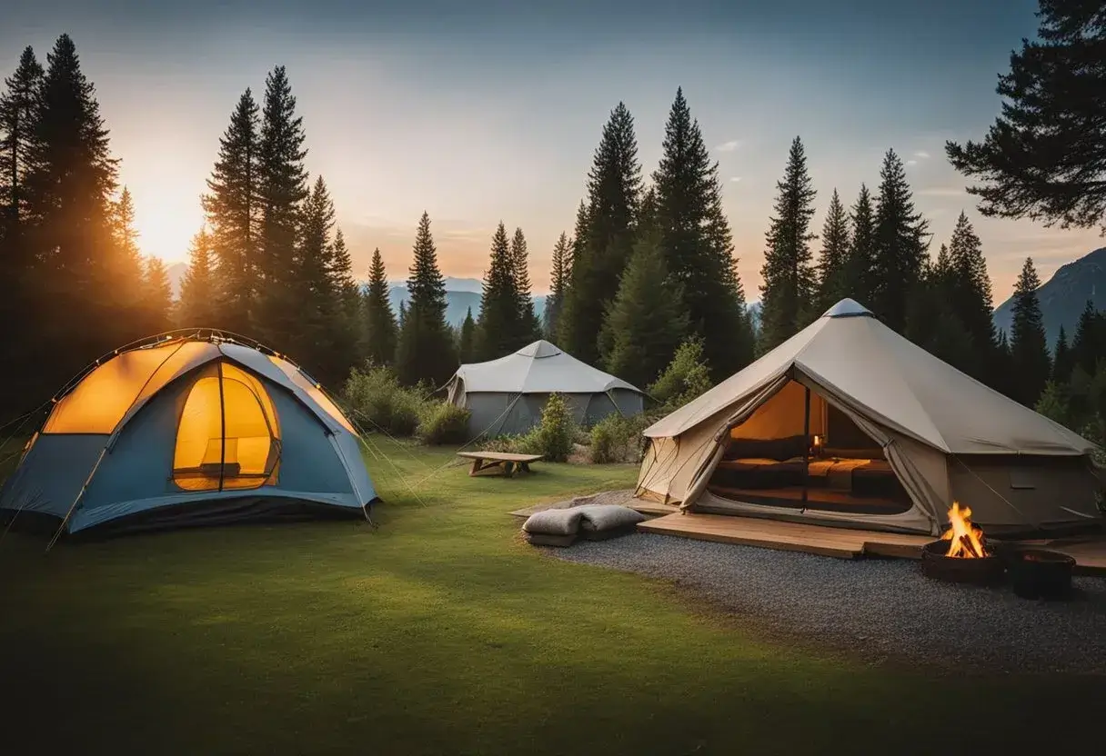 A campsite with a basic tent, sleeping bags, and a small fire vs a glamping site with a luxurious tent, cozy bedding, and a gourmet outdoor kitchen