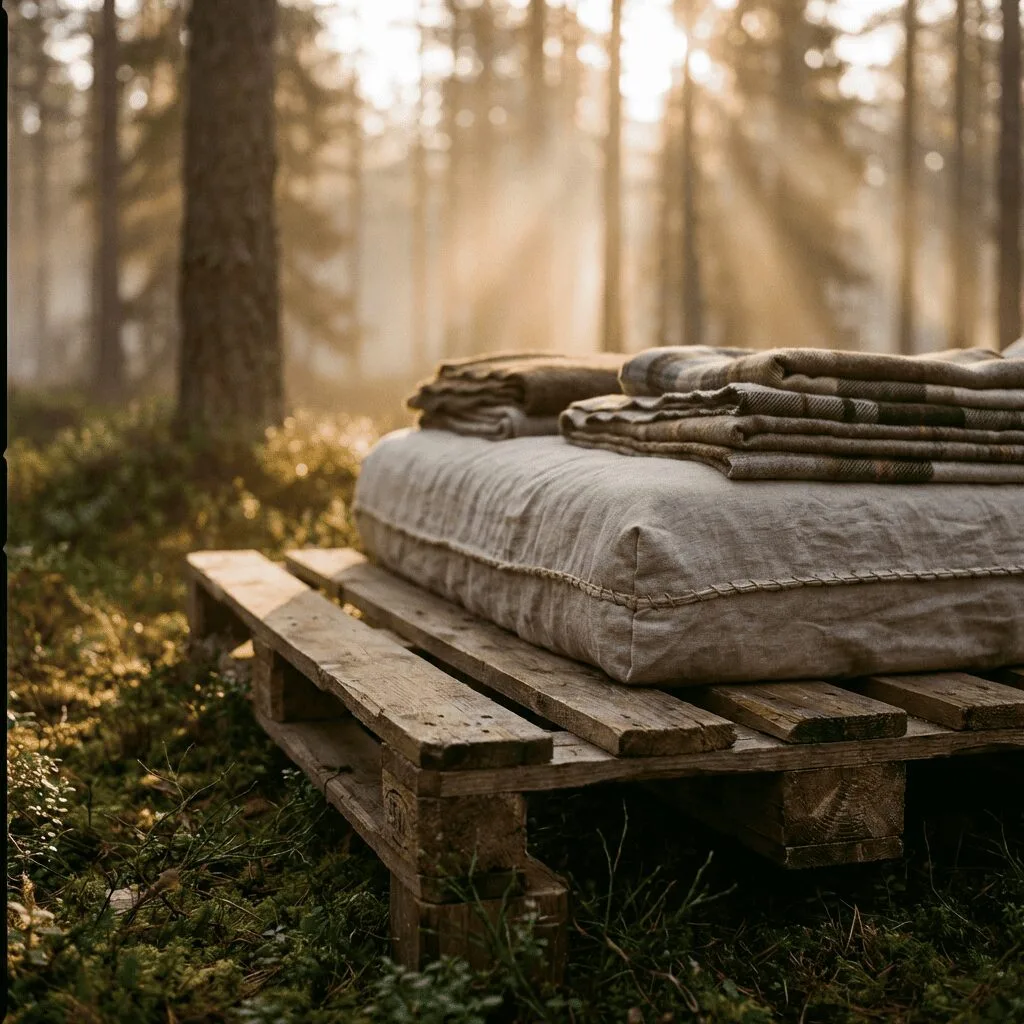 A raised wooden pallet bed with slats outdoors in a forest setting, with a mattress on top.