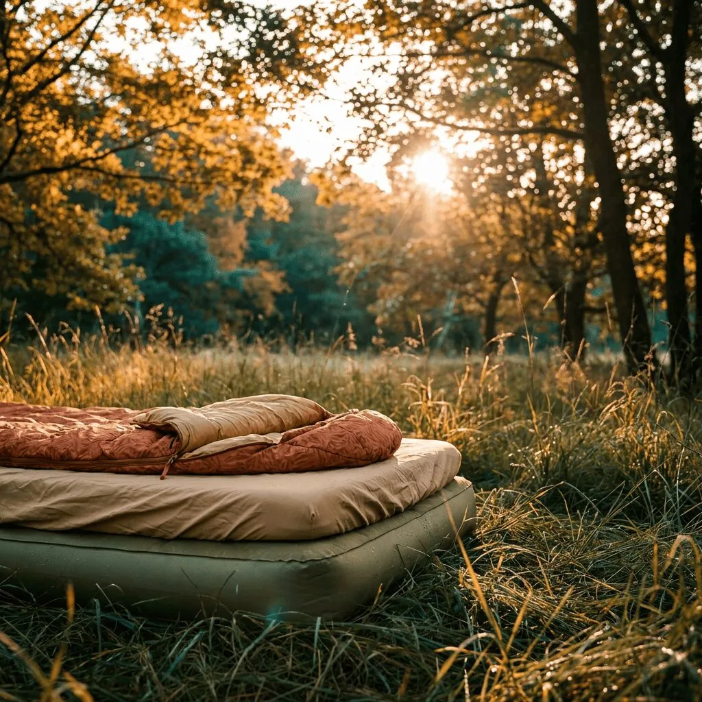 A sleeping bag with a fitted sheet laid out on a camping mattress outdoors surrounded by grass and trees.