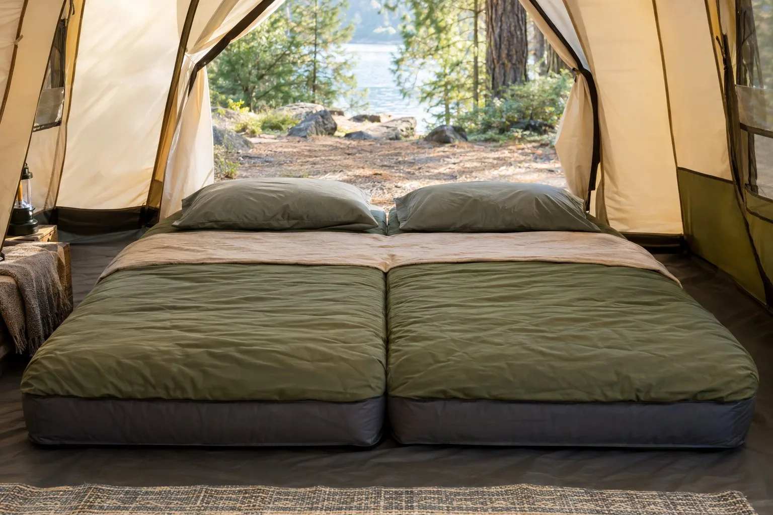 Two wide camping mattresses are arranged side by side inside a tent.