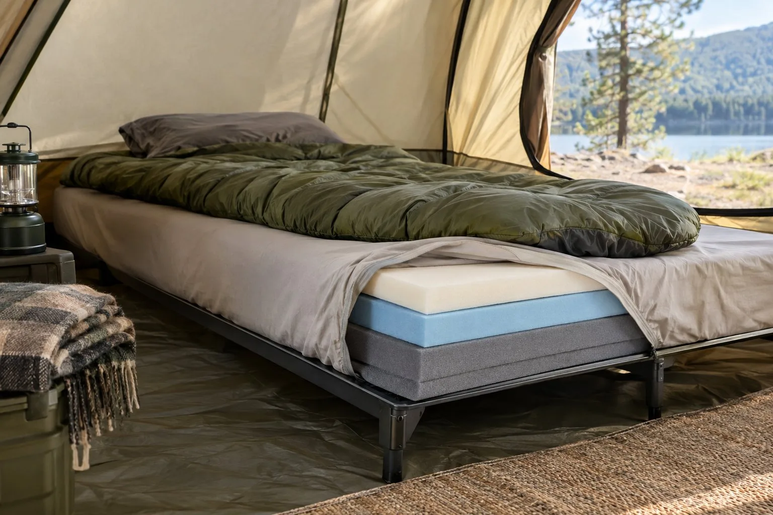 A layered foam sleeping pad arranged inside a camping tent.
