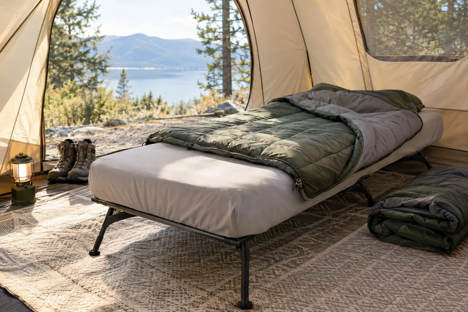 A fitted sheet and sleeping bags arranged on a camping bed inside a tent.