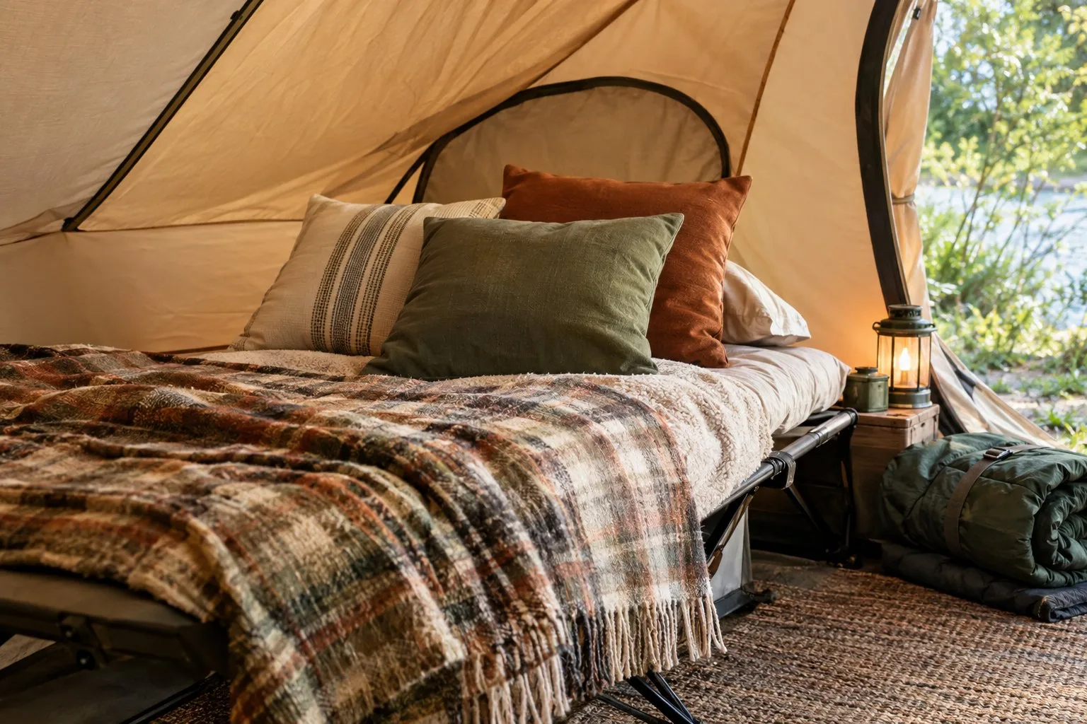 A camping cot inside a tent is arranged with cozy blankets and pillows.