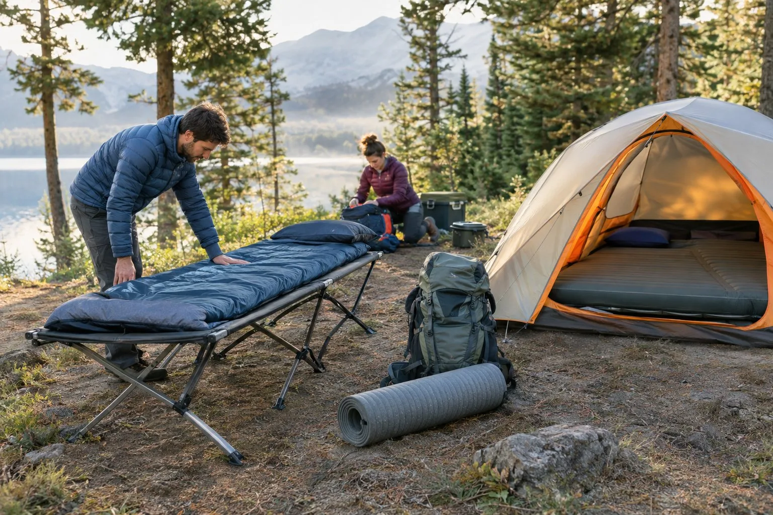 Two campers compare different sleeping options at a forest campsite.
