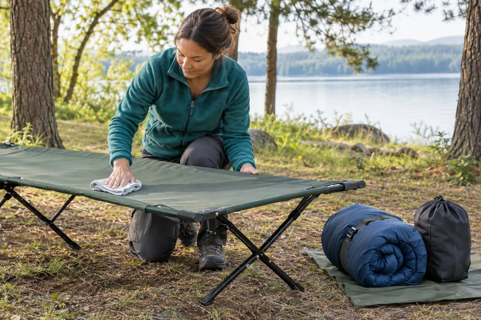 A camper wipes down a folding cot at a campsite.