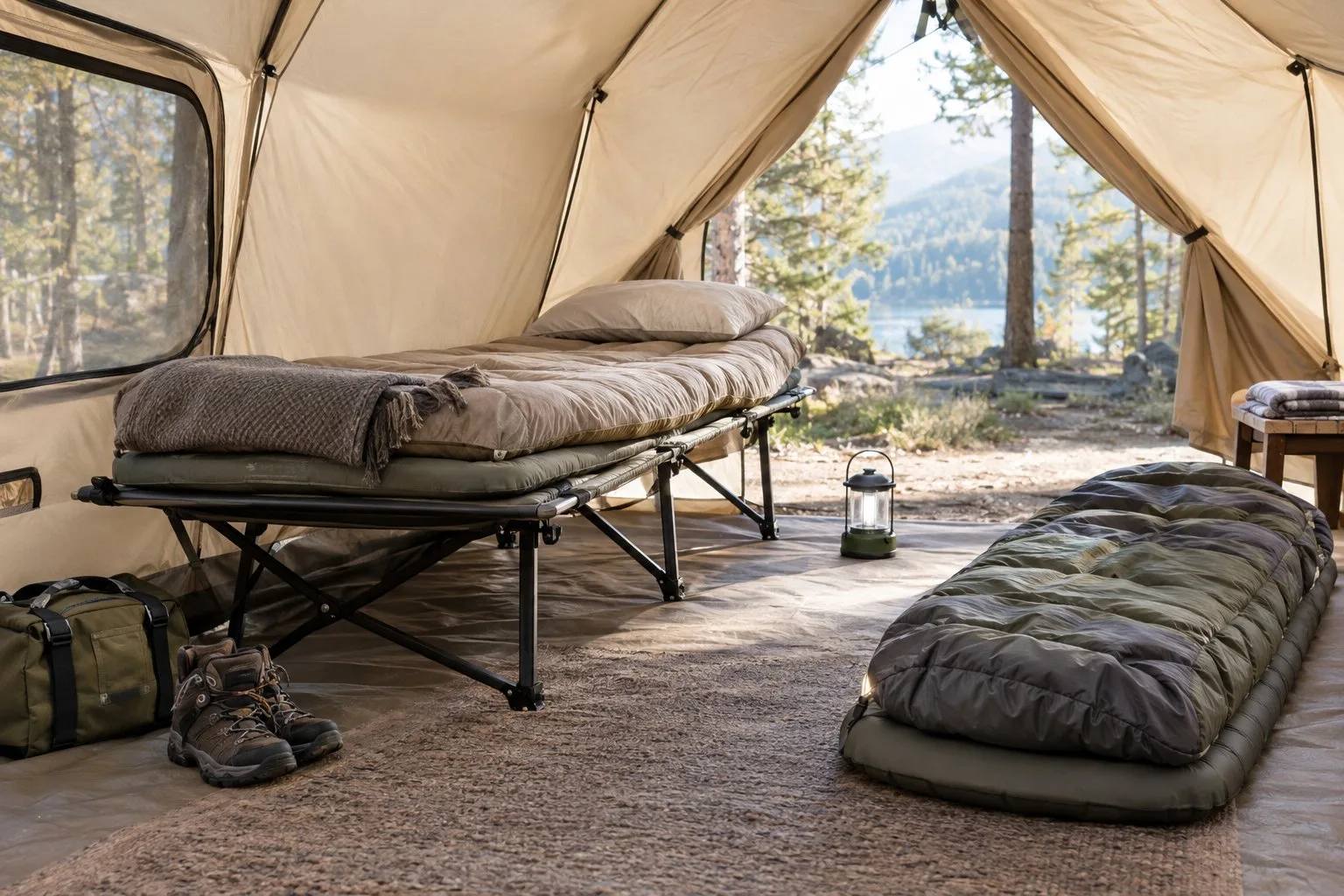 A raised camping cot and a sleeping mat arranged inside a tent.
