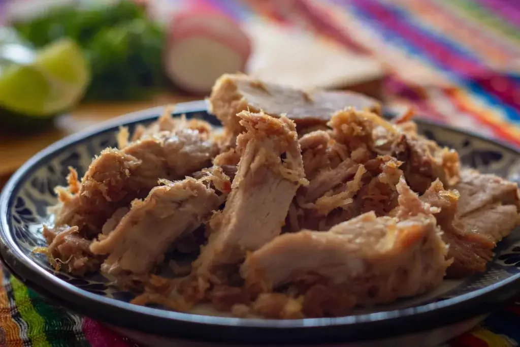 Carnitas in a bowl on a picnic table.