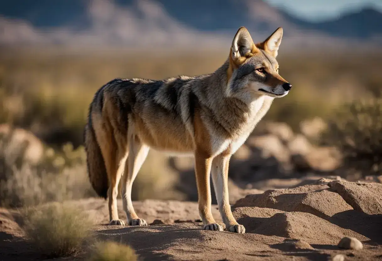 A coyote stands alert in a rocky desert landscape, its ears perked and eyes focused. Surrounding vegetation and distant mountains are visible