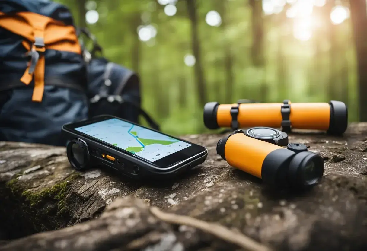 Outdoor gear integrated with hiking apps, shown through a smartphone connected to a GPS device and a backpack with a built-in hydration system
