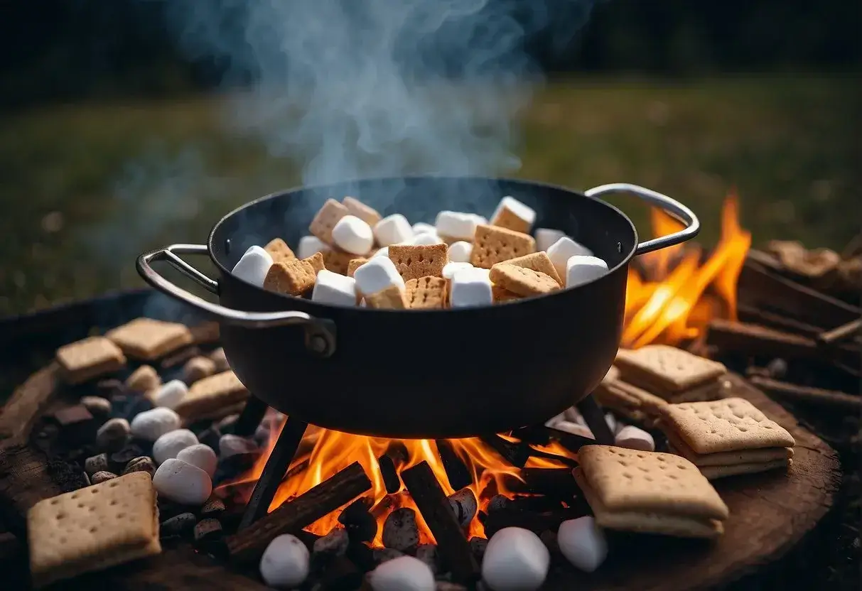 A campfire with marshmallows roasting on sticks, chocolate bars, and graham crackers laid out on a table for s'mores. A pot of hot chocolate steaming on the fire