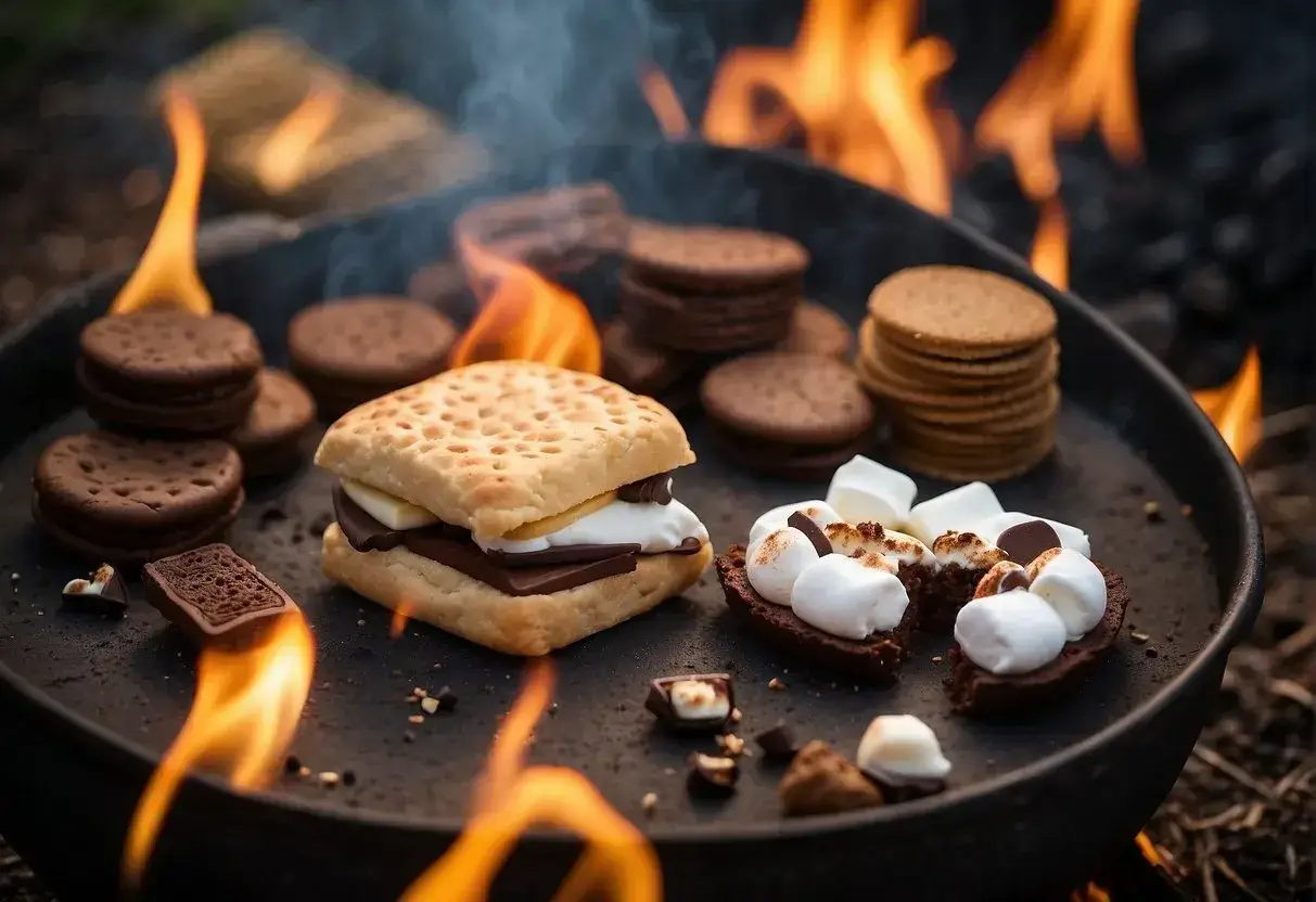 A campfire surrounded by a variety of desserts, including gluten-free s'mores, dairy-free brownies, and vegan marshmallows