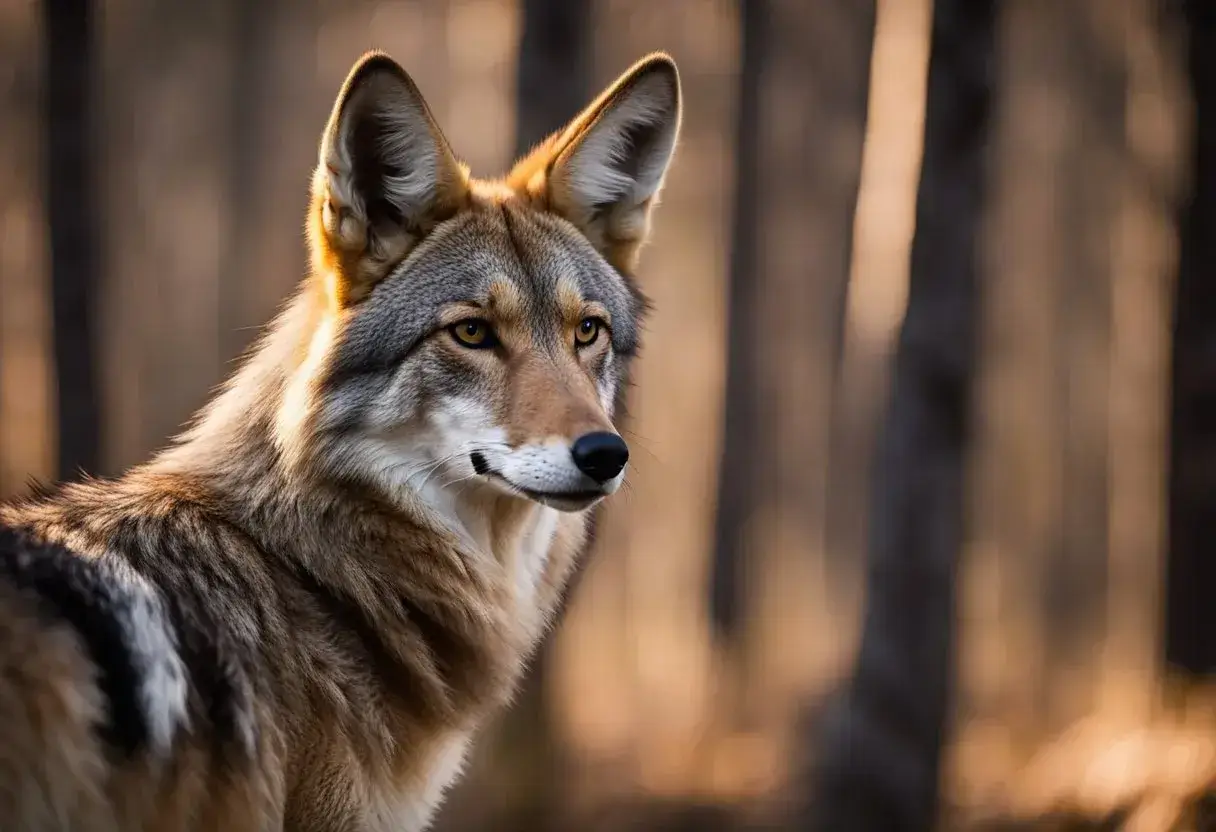 A coyote stands alert in a forest clearing, ears perked and eyes focused ahead. The surrounding trees create a sense of isolation and wilderness, while the coyote exudes a sense of curiosity and caution