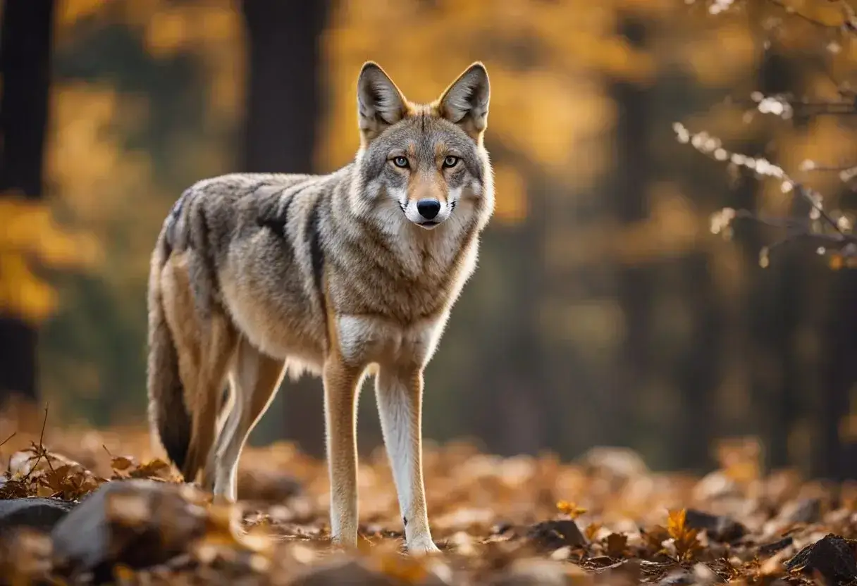 A coyote stands alert in a rocky clearing, surrounded by scattered leaves and twigs. Its ears are perked and its eyes are fixed on something in the distance, ready to react