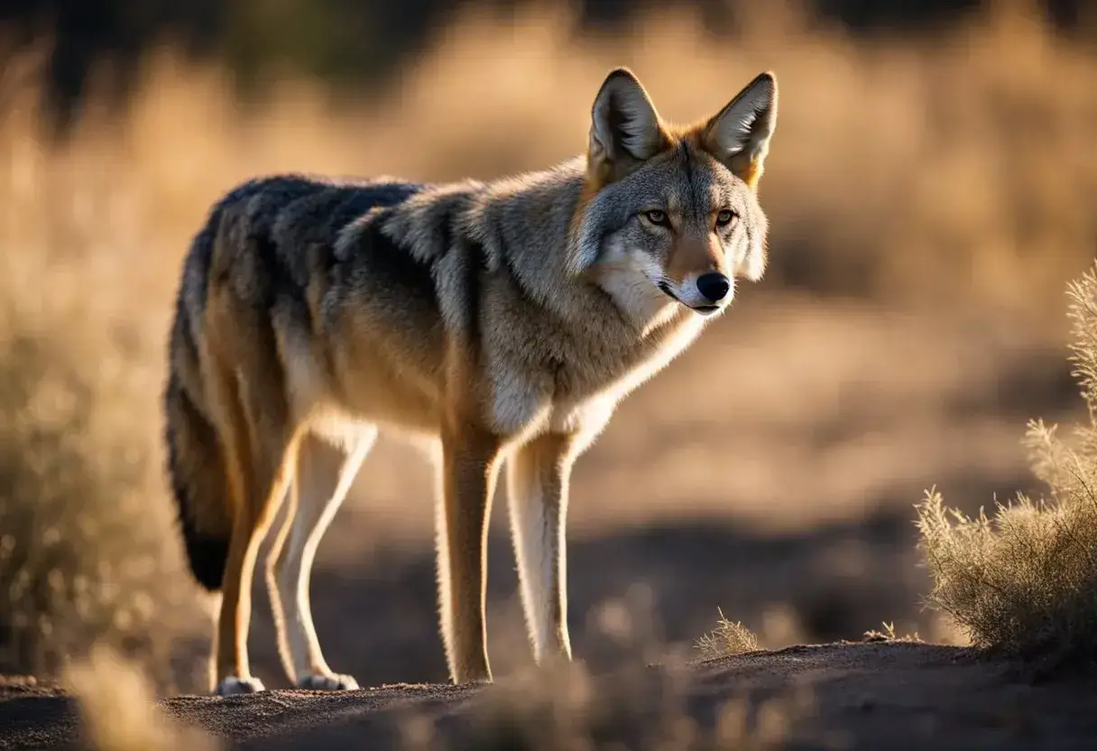 A coyote stands alert in a natural setting, ears perked, eyes focused