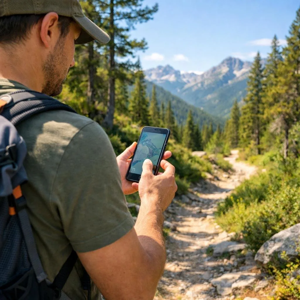 A person hiking on a forest trail looking at a smartphone while surrounded by trees and mountains.