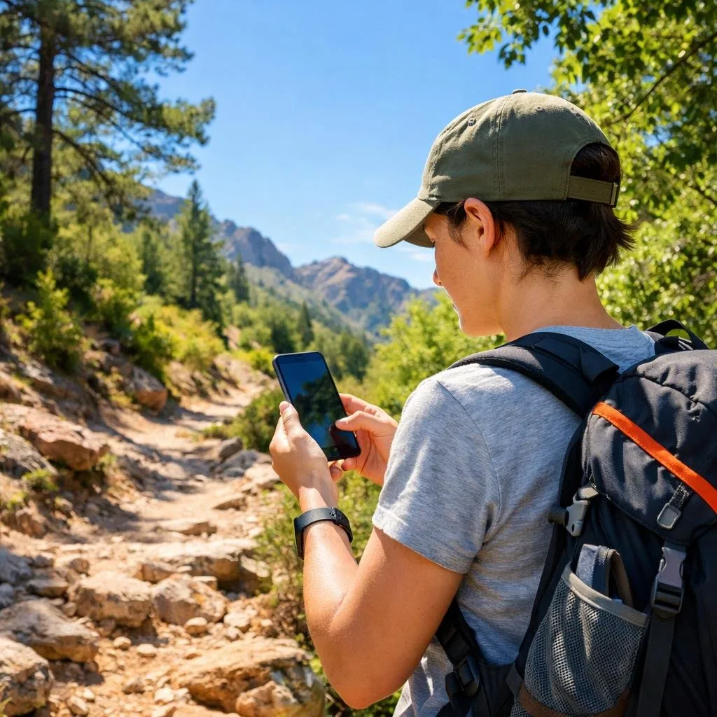 Person using a smartphone on a hiking trail surrounded by trees and mountains.