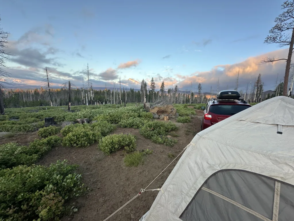 Solo camping in the mountains with a Subaru and ground tent.