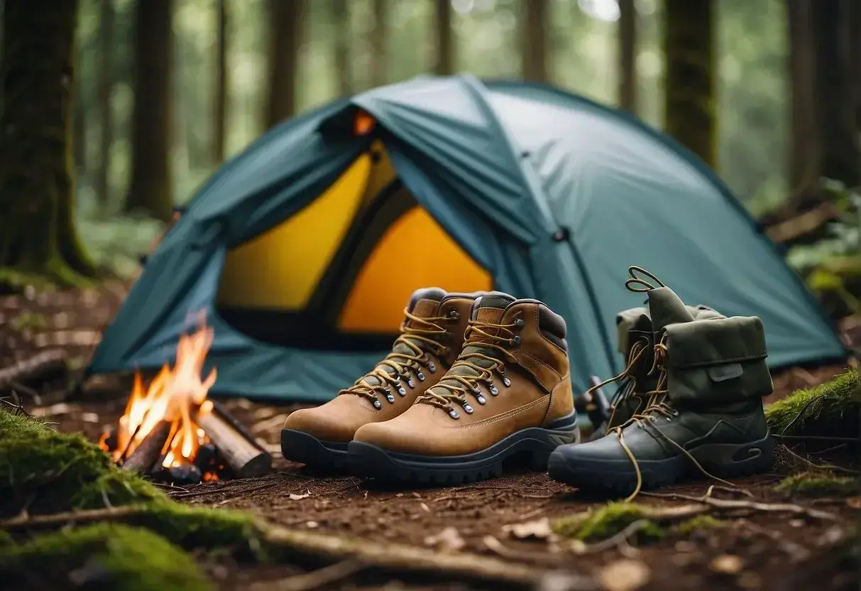 A tent pitched in a lush forest clearing, with a crackling campfire and a cozy sleeping bag laid out inside. Outdoor gear and hiking boots are neatly arranged nearby