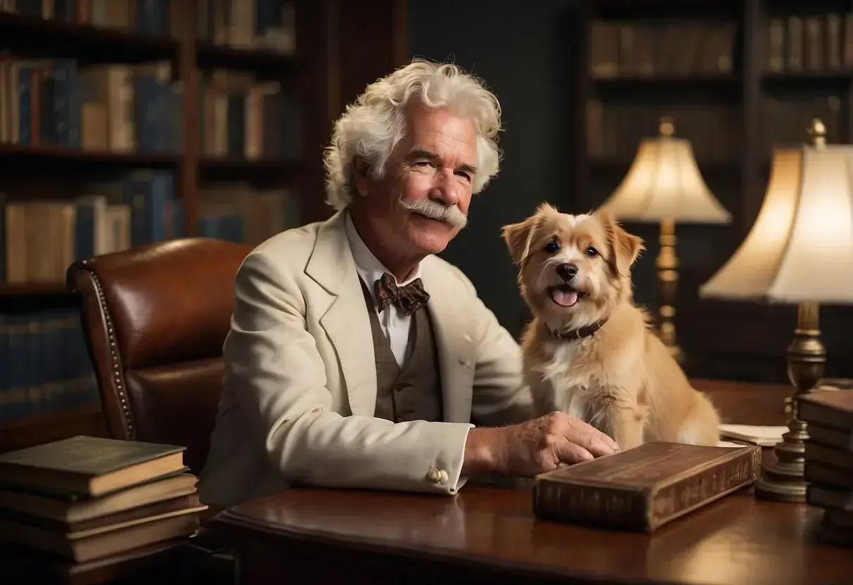 Mark Twain sits at a desk, pen in hand, surrounded by books and a loyal dog at his feet. He smiles as he contemplates his next literary masterpiece