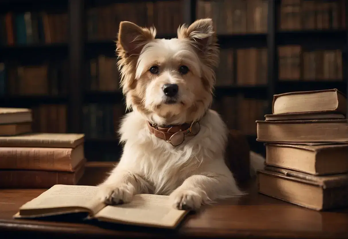 Mark Twain's dog sits beside him as he writes, surrounded by books and newspapers. The dog looks up at Twain with a thoughtful expression