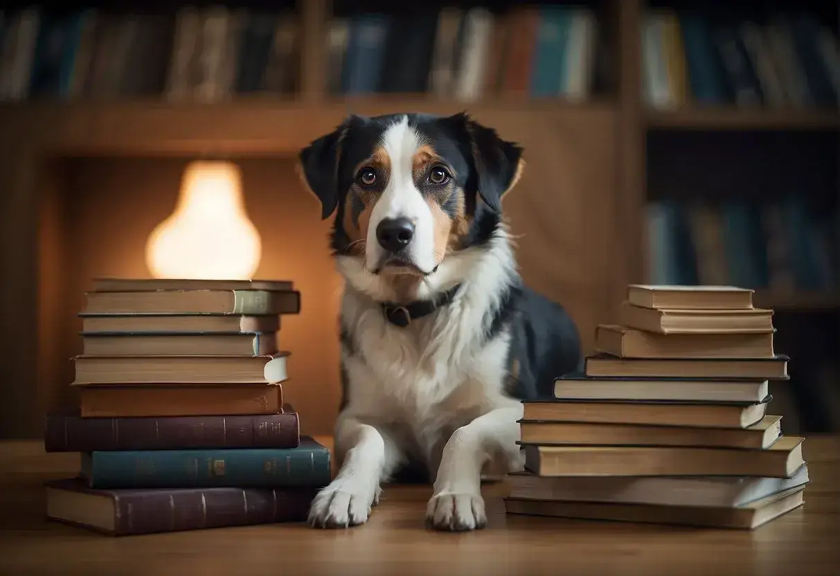 A dog with a thoughtful expression sits beside a stack of books, with a question mark hovering above its head