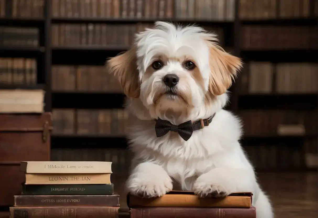 A dog sitting next to a stack of Mark Twain books, with a thoughtful expression and a speech bubble containing a famous Twain quote