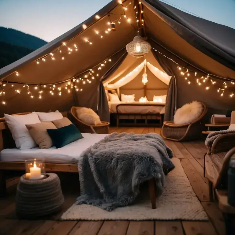 a tent with lights and a bed