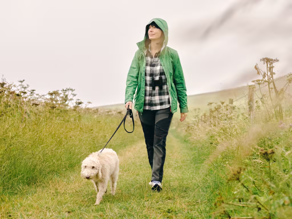 UK, Woman hiking with dog in grassy field
